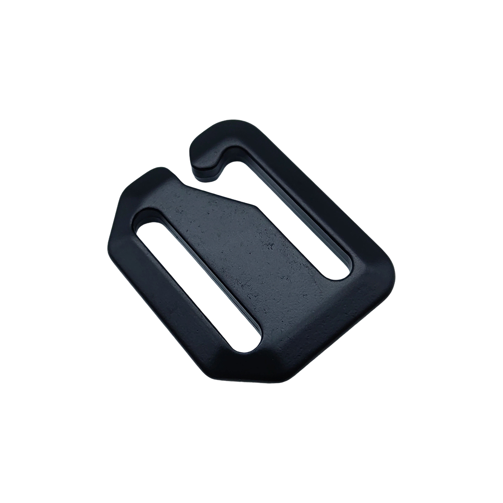 Black custom size dog hook connector with an integrated webbing slot