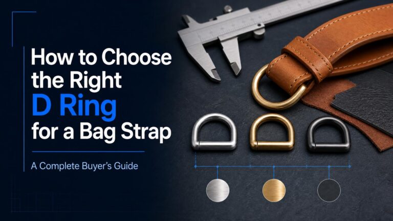 D ring for bag strap in silver, brass, and zinc alloy finishes beside a leather bag strap and caliper