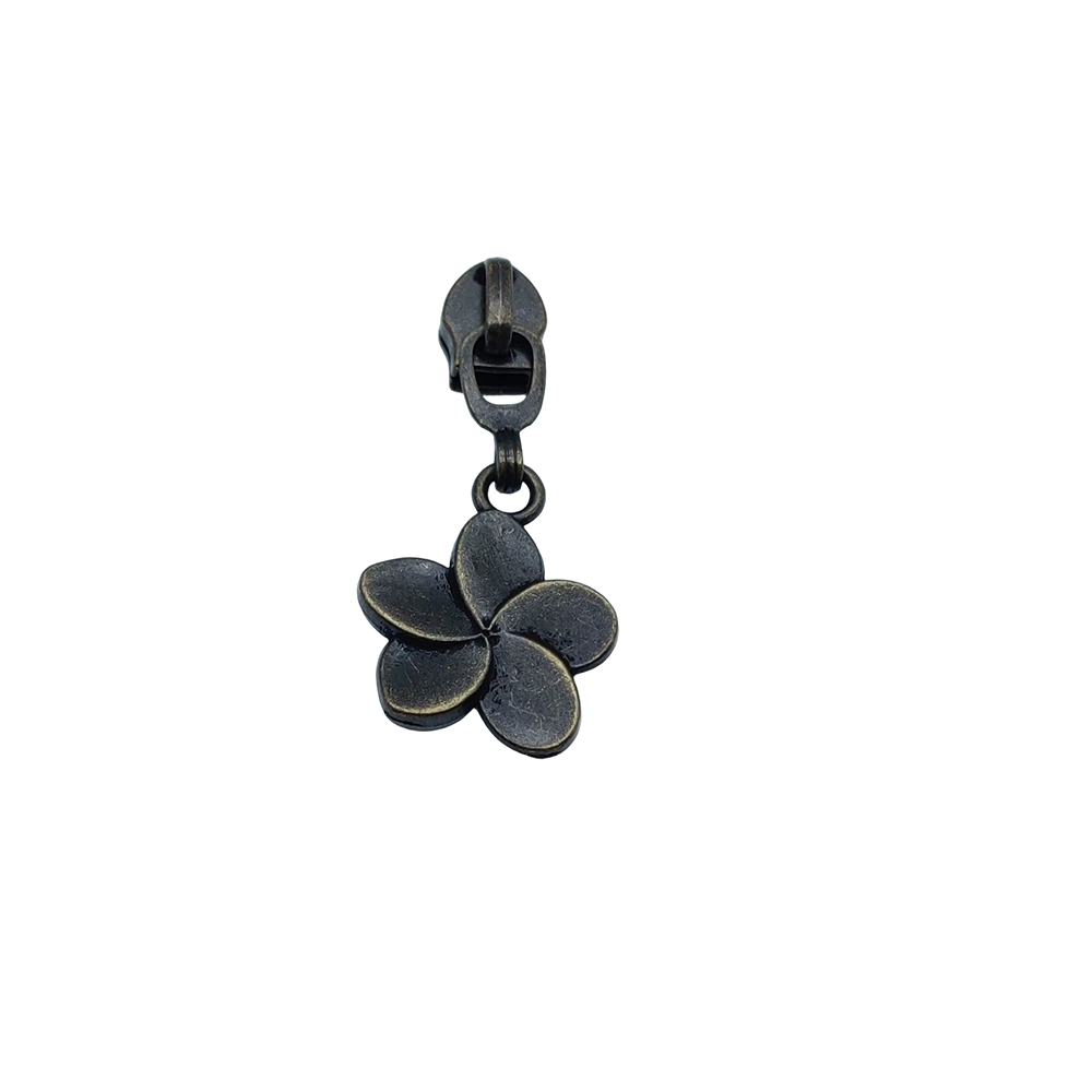 Upright view of dark DG-ZP044 flower zipper slider with articulated four-petal pull tab