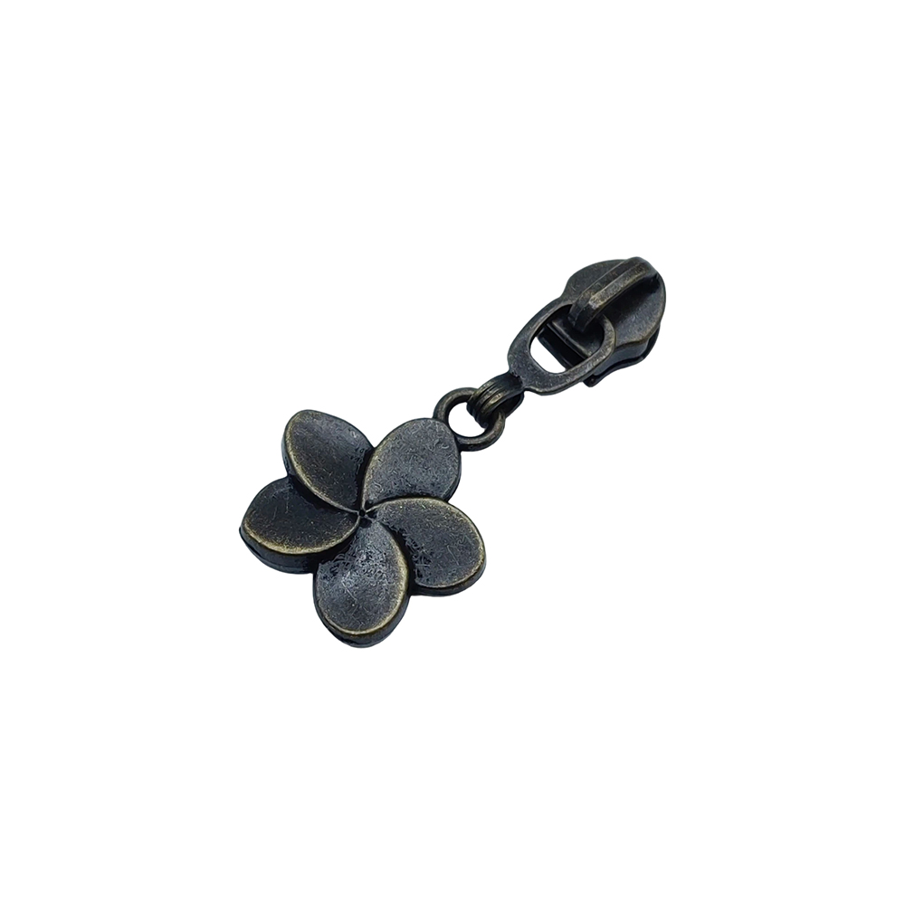 Vertical view of dark DG-ZP044 flower zipper slider with four-petal pull tab