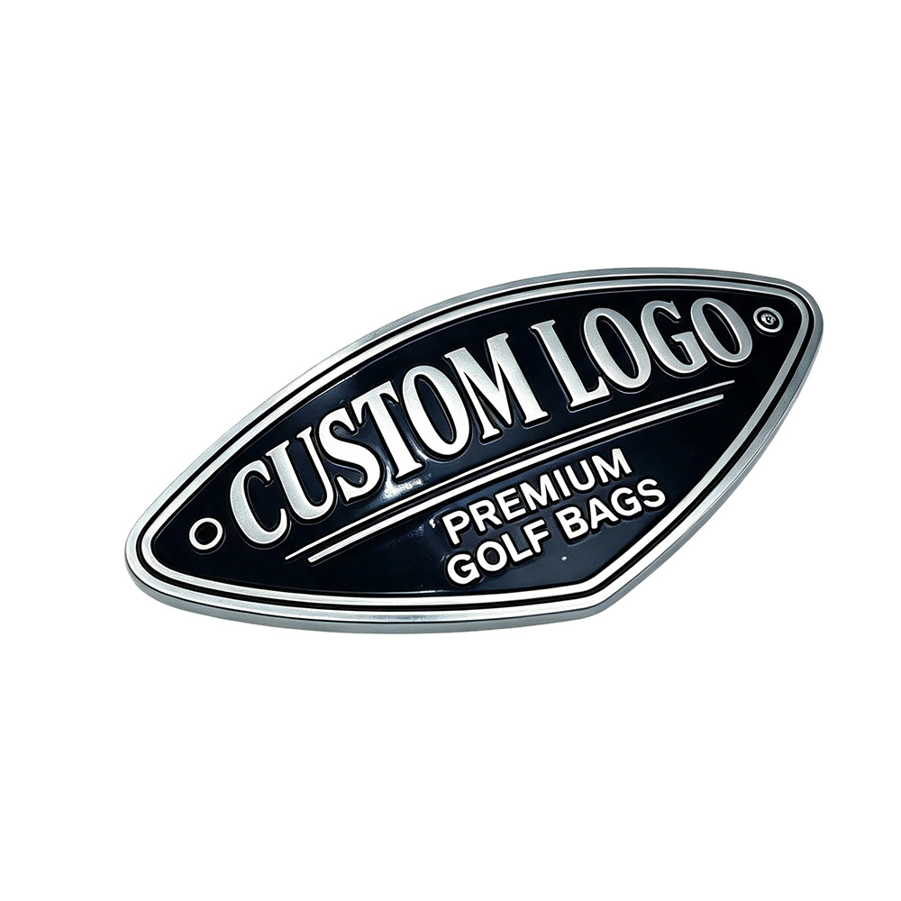 Engraved metal logo tag for golf bags with raised lettering and polished chrome edge