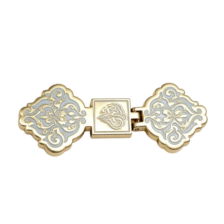 Custom gift box metal clasp with floral engraved design and light enamel fill