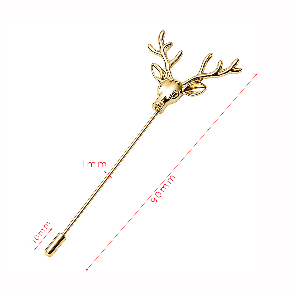 Gold deer head antler lapel stick pin with product dimensions