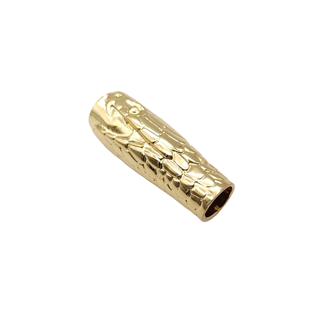 Gold plated cable end cap sleeve with open cable exit and snake pattern