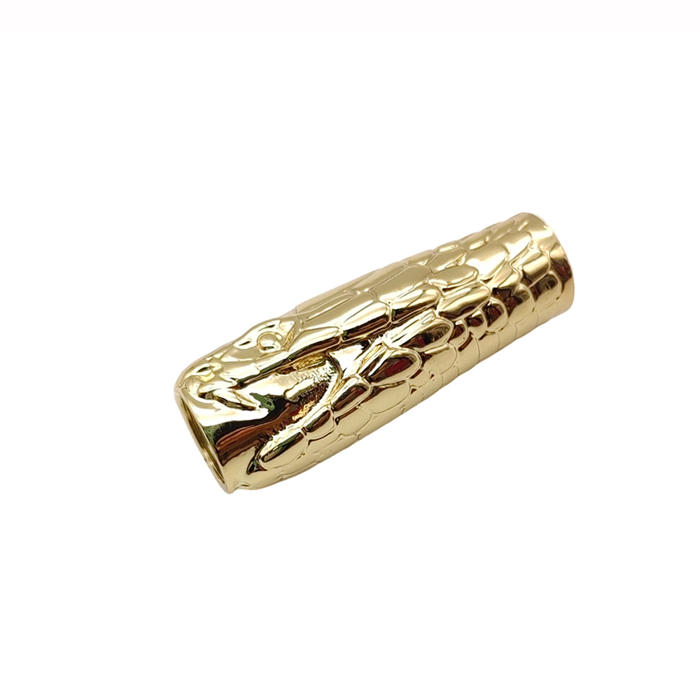 Gold plated zinc alloy cable sleeve connector with raised snake head detail