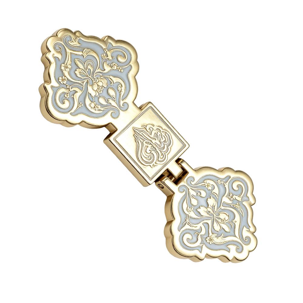 Gold zinc alloy gift box clasp with floral engraving shown at a diagonal angle