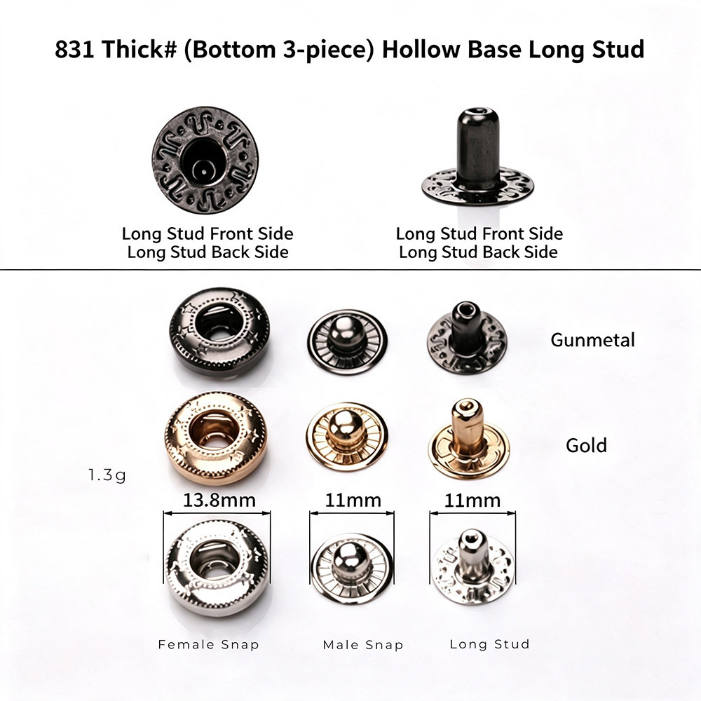 Detailed view of hollow base long stud snap fastener showing technical parameters and sizing options.