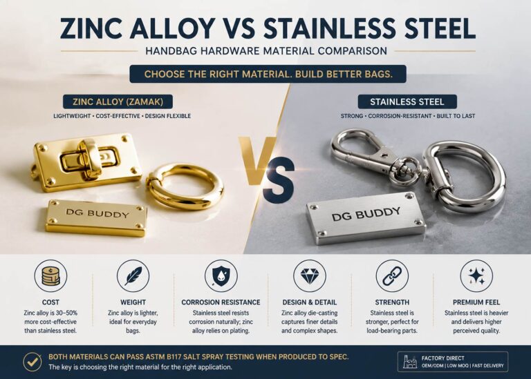 How to choose handbag hardware material comparing zinc alloy and stainless steel hardware weight, durability, cost and performance