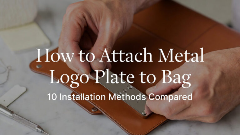 How to attach metal logo plate to bag, handbag logo plate mounting blog cover showing craftsman fitting custom metal logo plate on leather