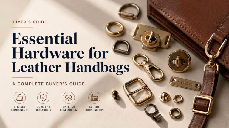 Leather handbag hardware buyer's guide with turn locks, buckles, D rings and metal logo plates