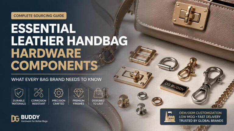 Essential leather handbag hardware components sourcing guide showing zinc alloy buckles, turn lock closures, snap hooks, chains and logo plates for OEM bag manufacturers