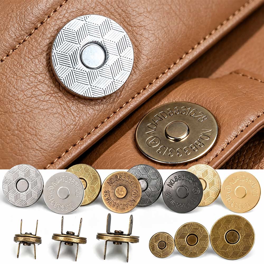 Magnetic closure for leather handbags shown installed with multiple finishes