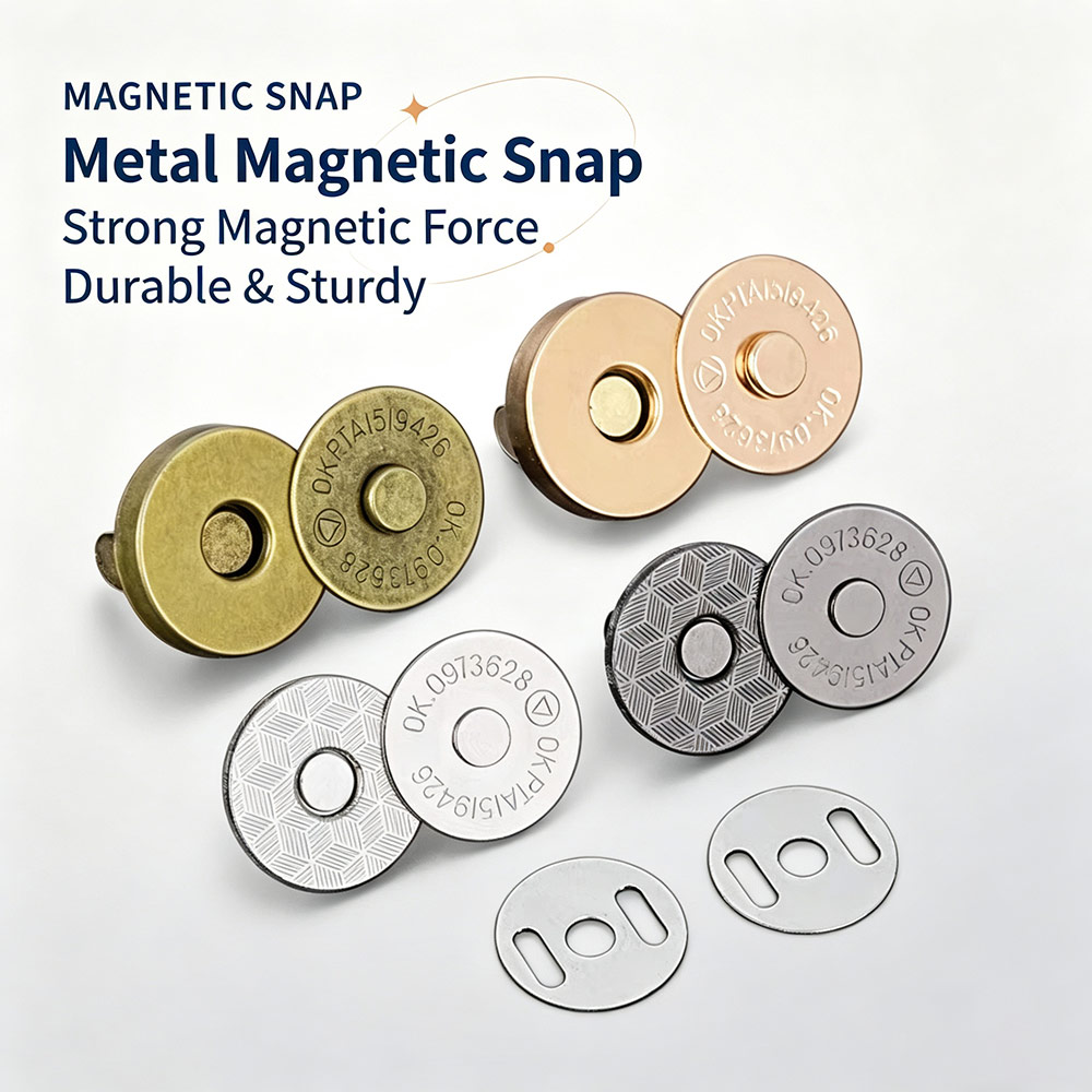Magnetic snap fastener for handbags in multiple metal finishes