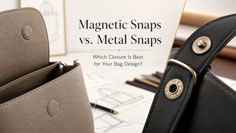 Comparison of magnetic snaps vs metal snaps for handbags showing luxury leather bag closures in a designer studio.