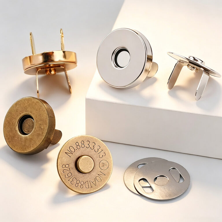 Metal magnetic snap fastener for handbags in silver and gold finishes