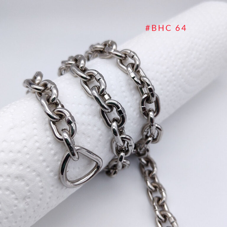 Polished silver metal bag chain with D-ring and interlocking links, decorative chain hardware for handbags