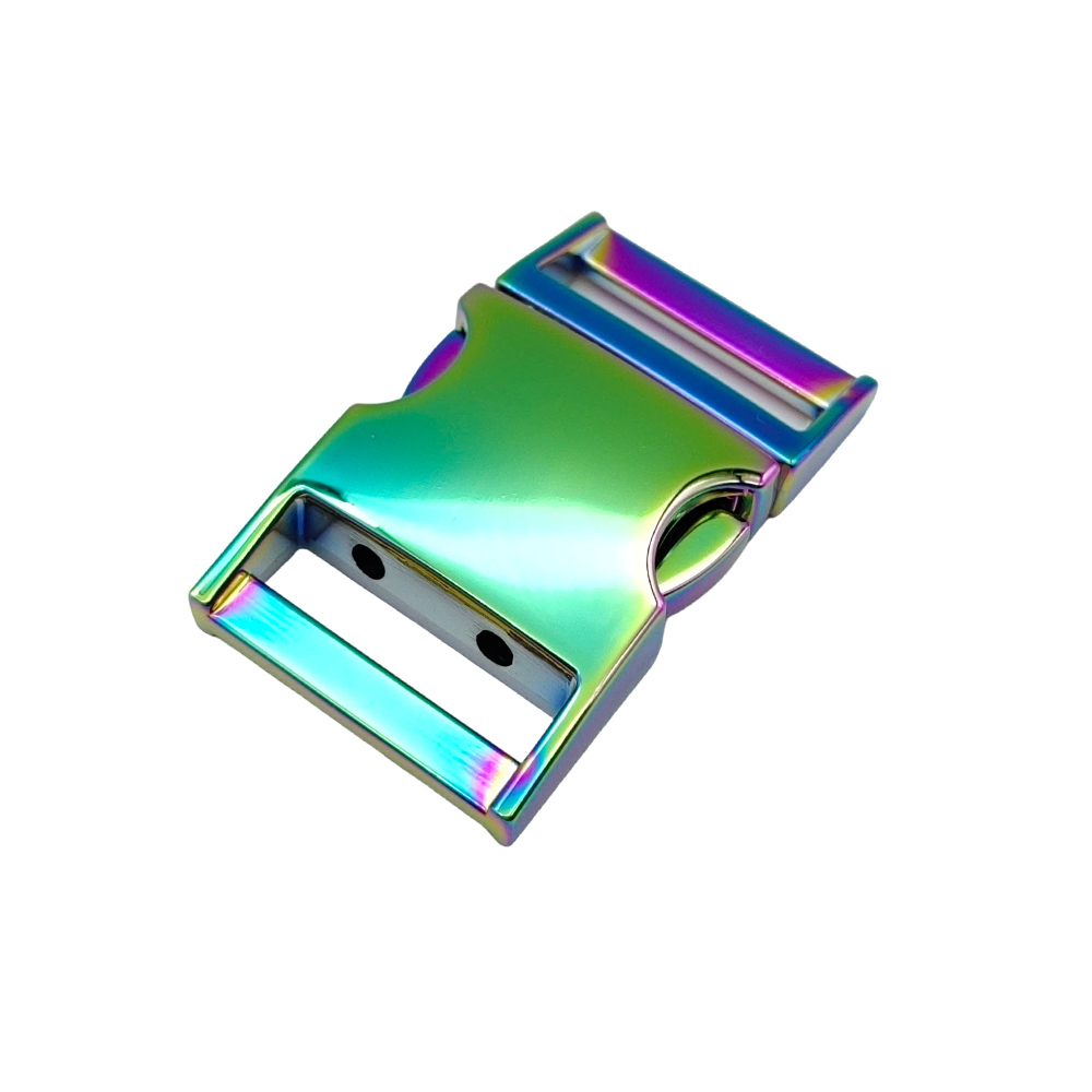Rear view of rainbow metal side release buckle showing locking tab and fastening openings