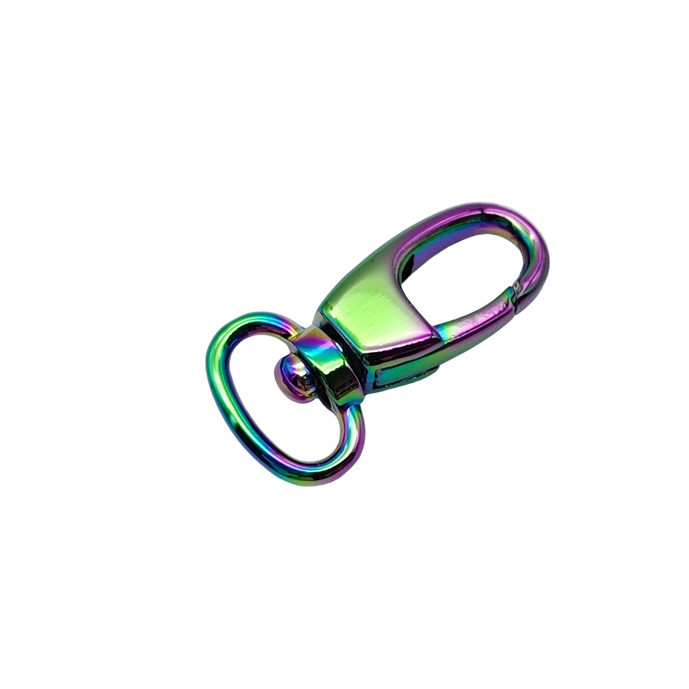 Side angle of a rainbow swivel snap hook with spring gate and D ring