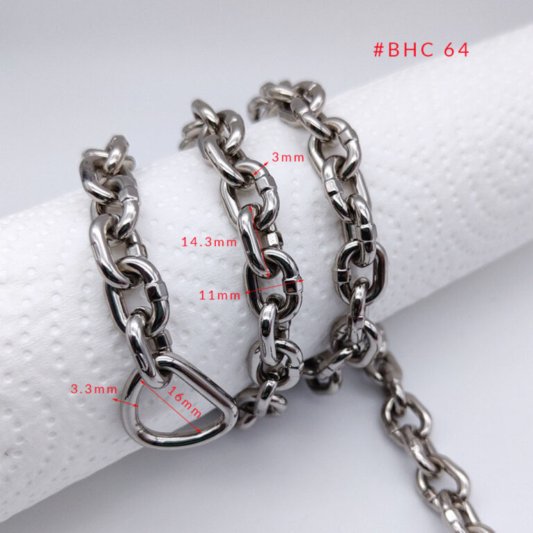 Polished silver metal bag chain with D-ring and interlocking links, decorative chain hardware for handbags