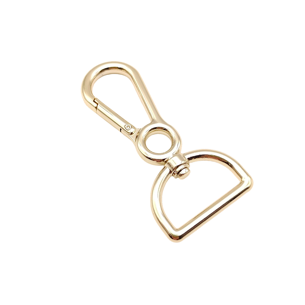 Zinc alloy swivel clasp featuring a swivel snap hook with D ring for modular handbag hardware.