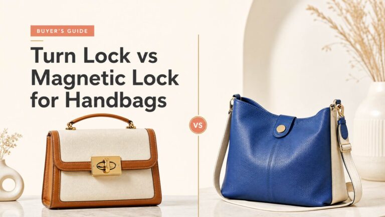 Turn lock vs magnetic lock for handbags comparison showing a structured leather flap bag and a soft everyday crossbody bag