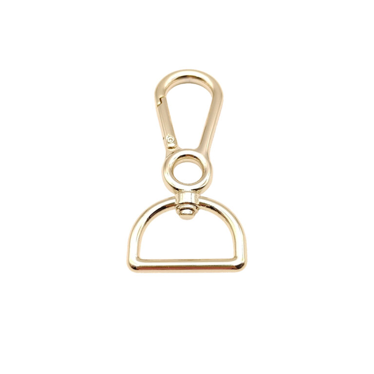 Custom swivel snap hook with center eye and D ring for luxury handbags.