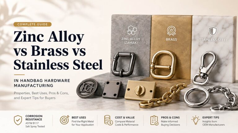 Zinc alloy vs brass vs stainless steel comparison for handbag hardware materials, featuring Zamak die casting, corrosion resistance, electroplating options, and OEM handbag hardware material selection guide.
