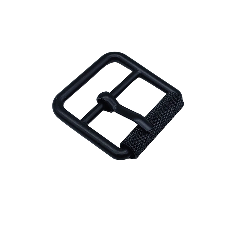 Angled view of a black roller belt buckle with rectangular frame and center prong