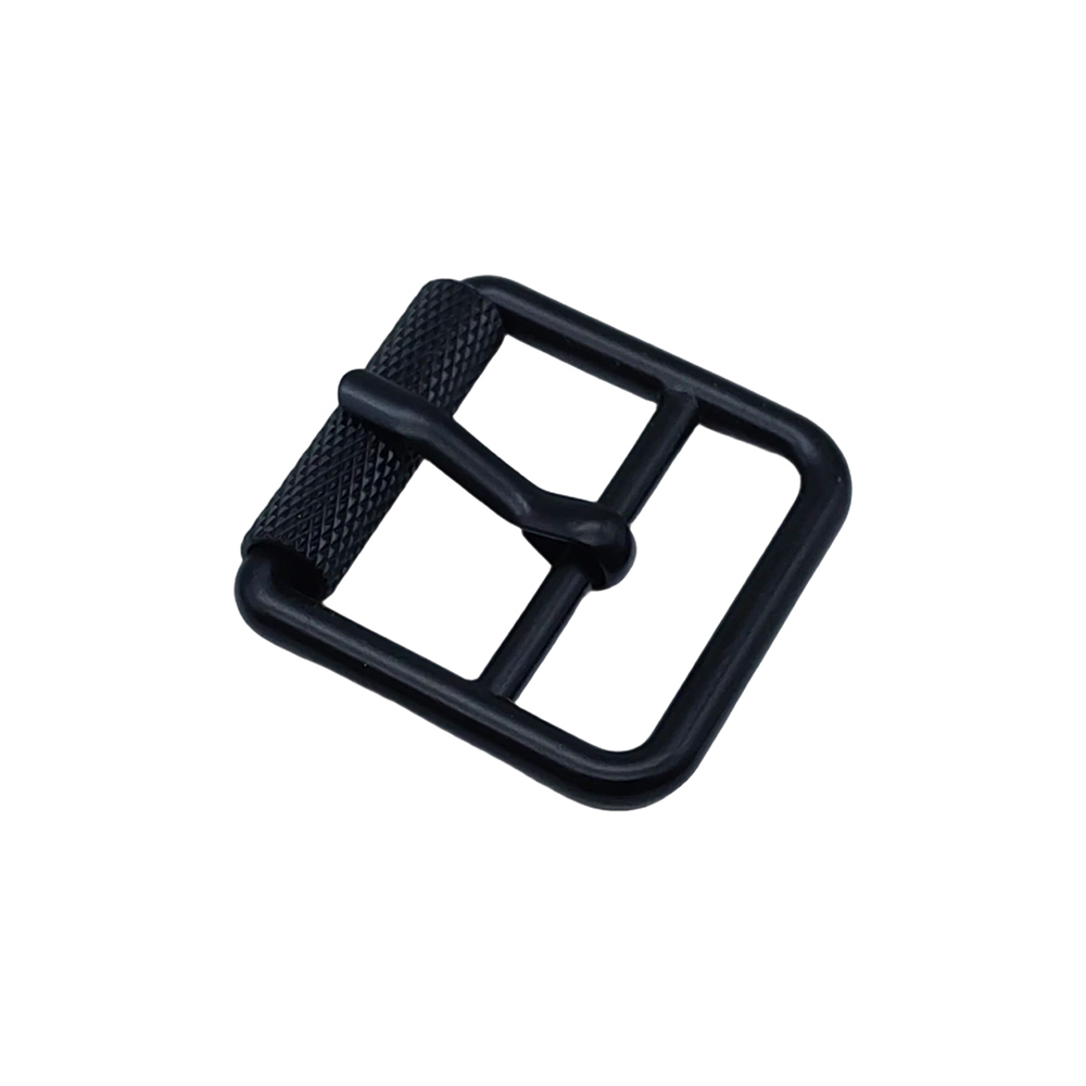 Black metal roller buckle showing the knurled roller sleeve and strap passage