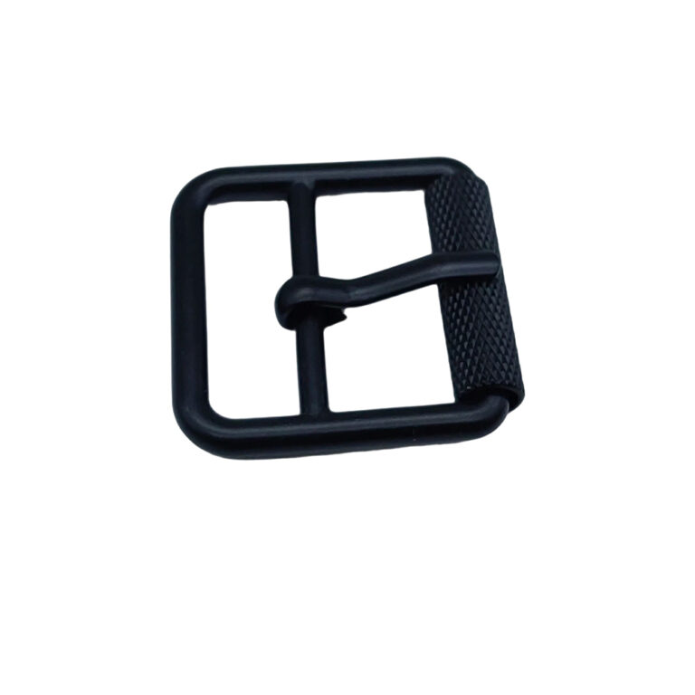 Black 25mm roller buckle with rotating knurled sleeve and single-prong frame