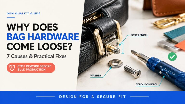 Black leather handbag hardware showing a loose screw, washer, and screw post for bag hardware loosening causes