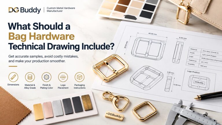 Bag hardware technical drawing with dimensions, material, plating color and logo specifications