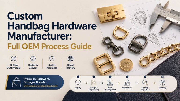 Custom handbag hardware manufacturing process by an OEM and ODM manufacturer for custom buckles, locks, chains, rings, and metal bag accessories