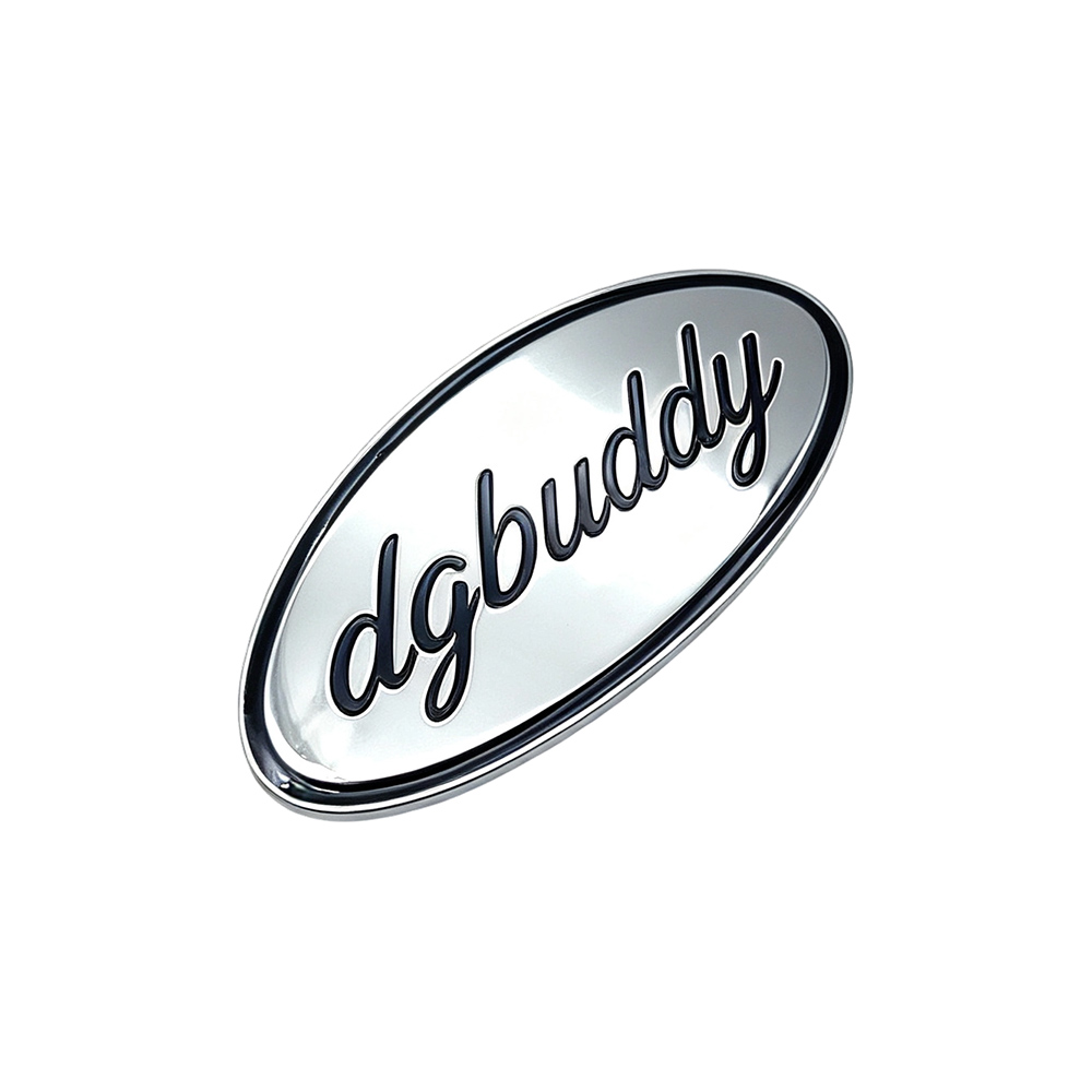 Custom handbag metal logo plate with raised lettering and polished silver finish