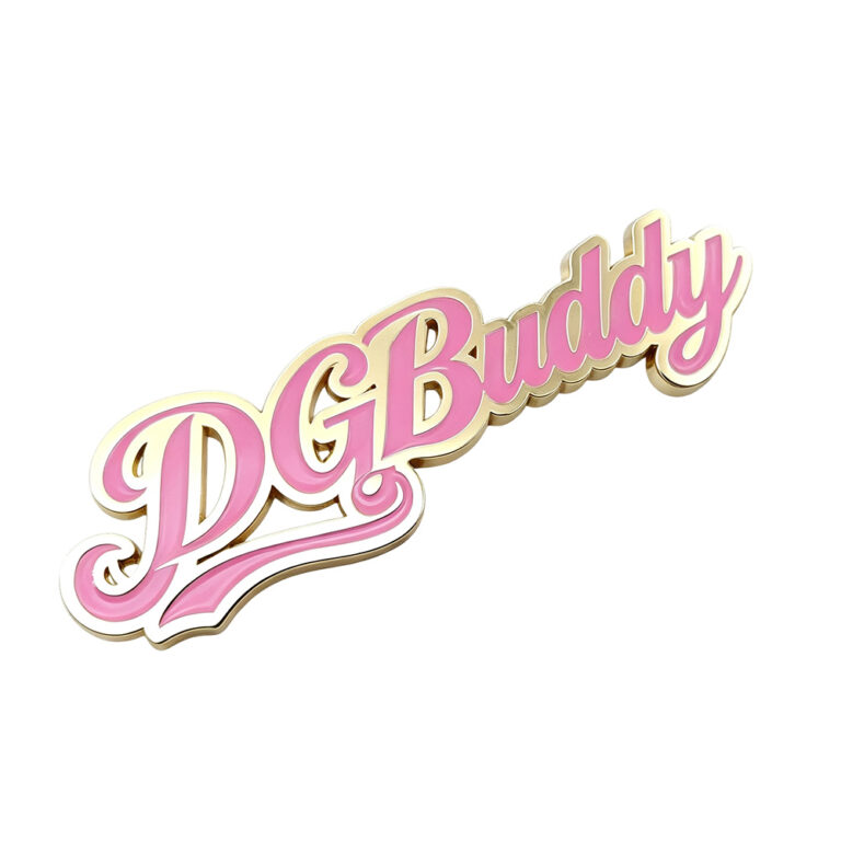 Custom metal logo plate for bags with pink enamel fill and gold plating, die-cast zinc alloy raised letters