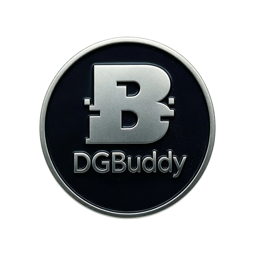 Custom metal logo tag with raised three-dimensional logo and polished outer rim