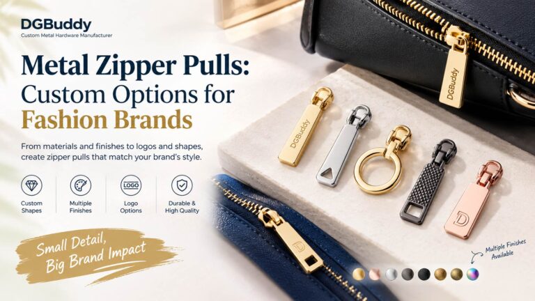 Custom metal zipper pulls in gold, silver, black and rose gold finishes for fashion brands