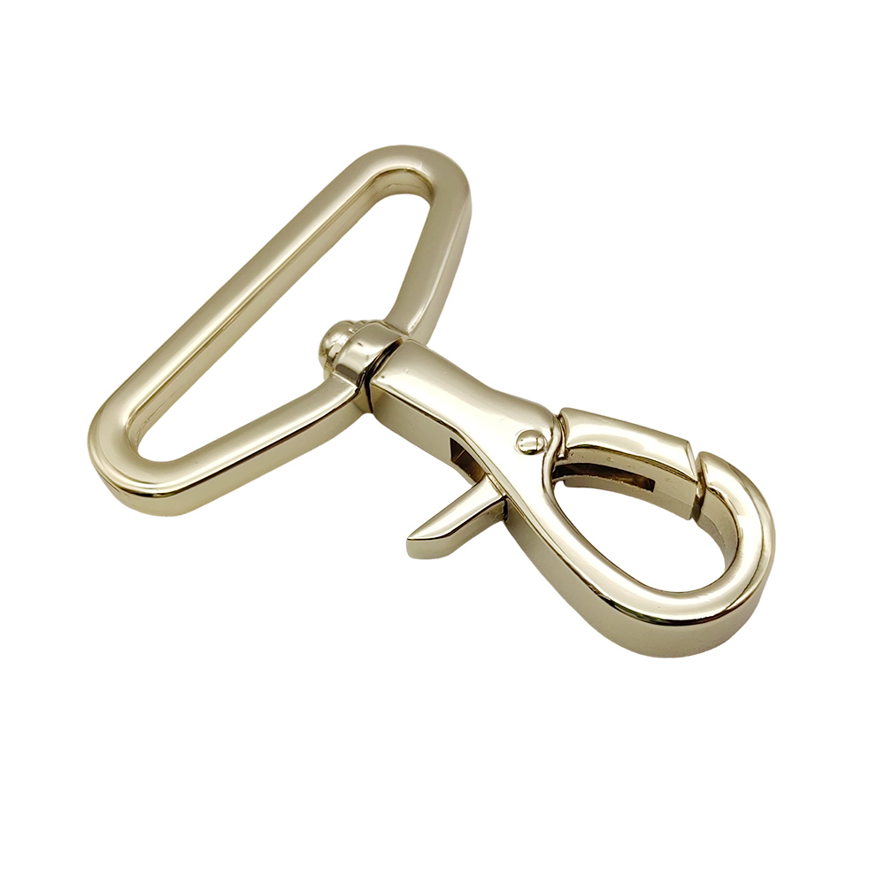 Close-up of the spring gate trigger mechanism on a swivel hook