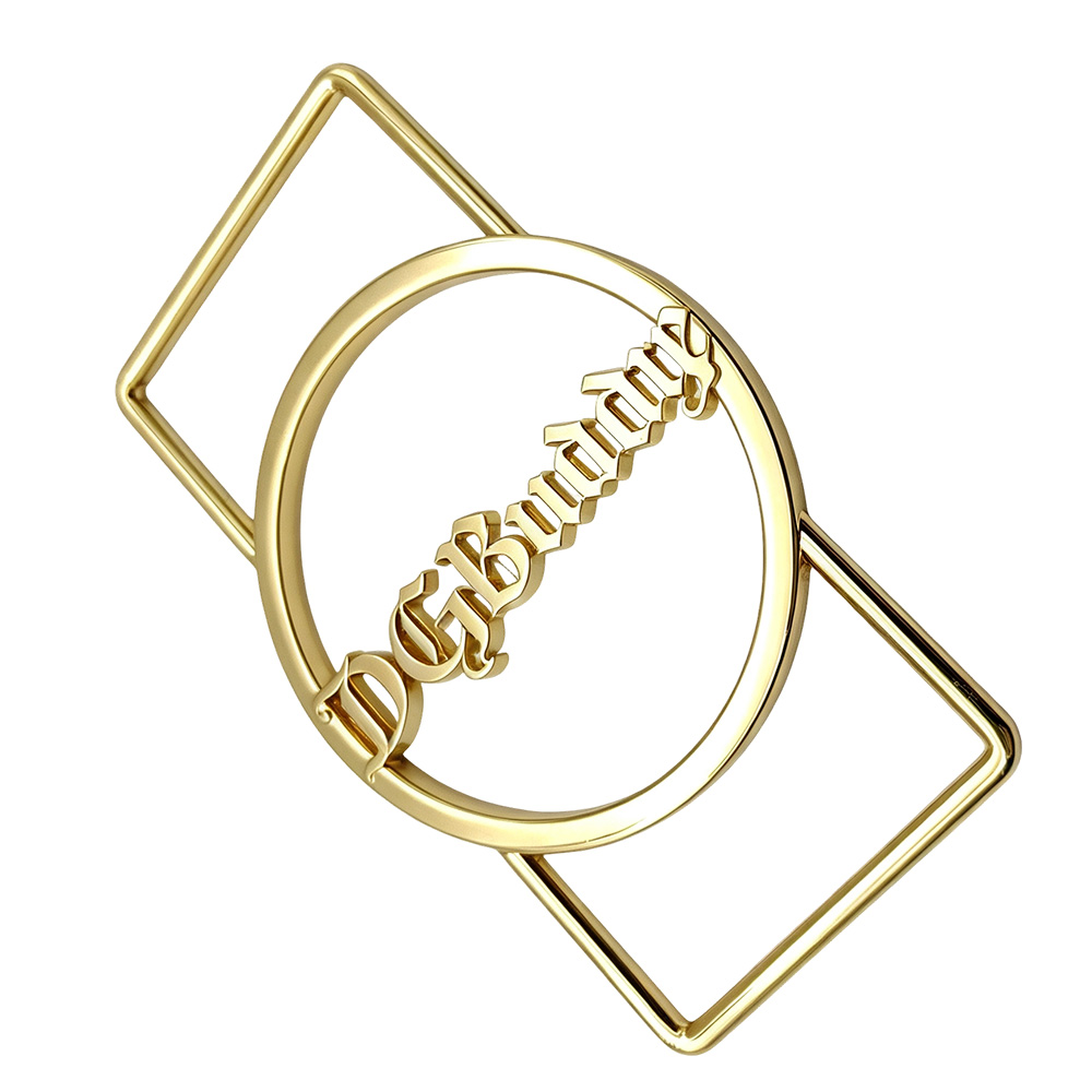 Close-up of a gold zinc alloy logo buckle with decorative circular center for luxury handbags