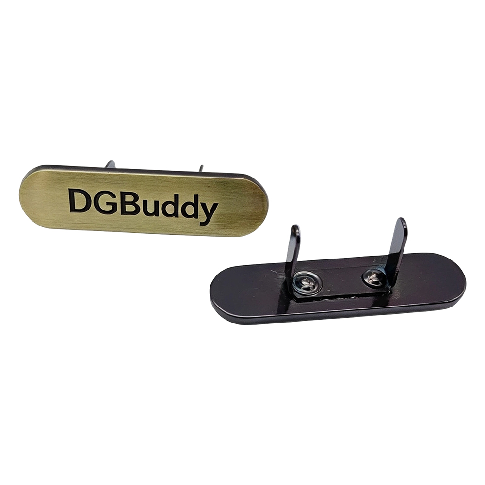 Gold and black handbag metal logo plate comparison showing front and rear sides