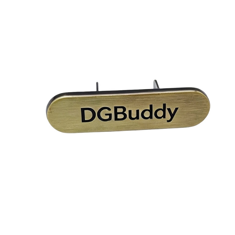 Handbag metal logo plate in antique gold finish, oval 37.5mm zinc alloy brand nameplate with raised DGBuddy lettering