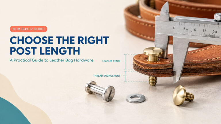 Caliper measuring leather bag hardware post length on layered leather strap