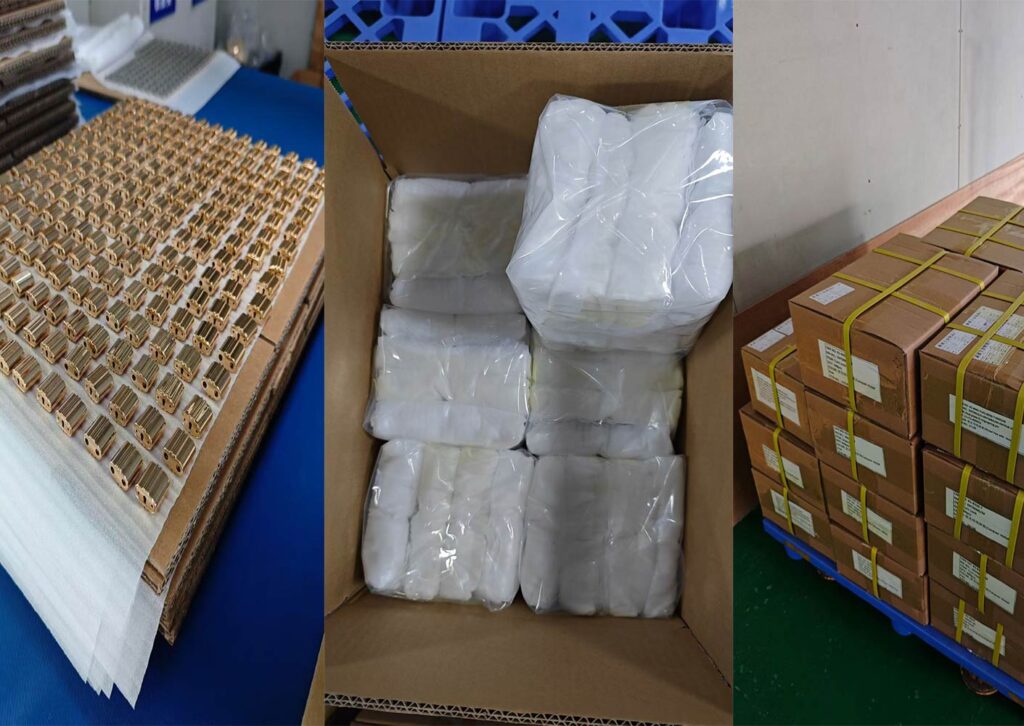 Plated hardware wrapped in pearl foam between cardboard dividers inside an export carton