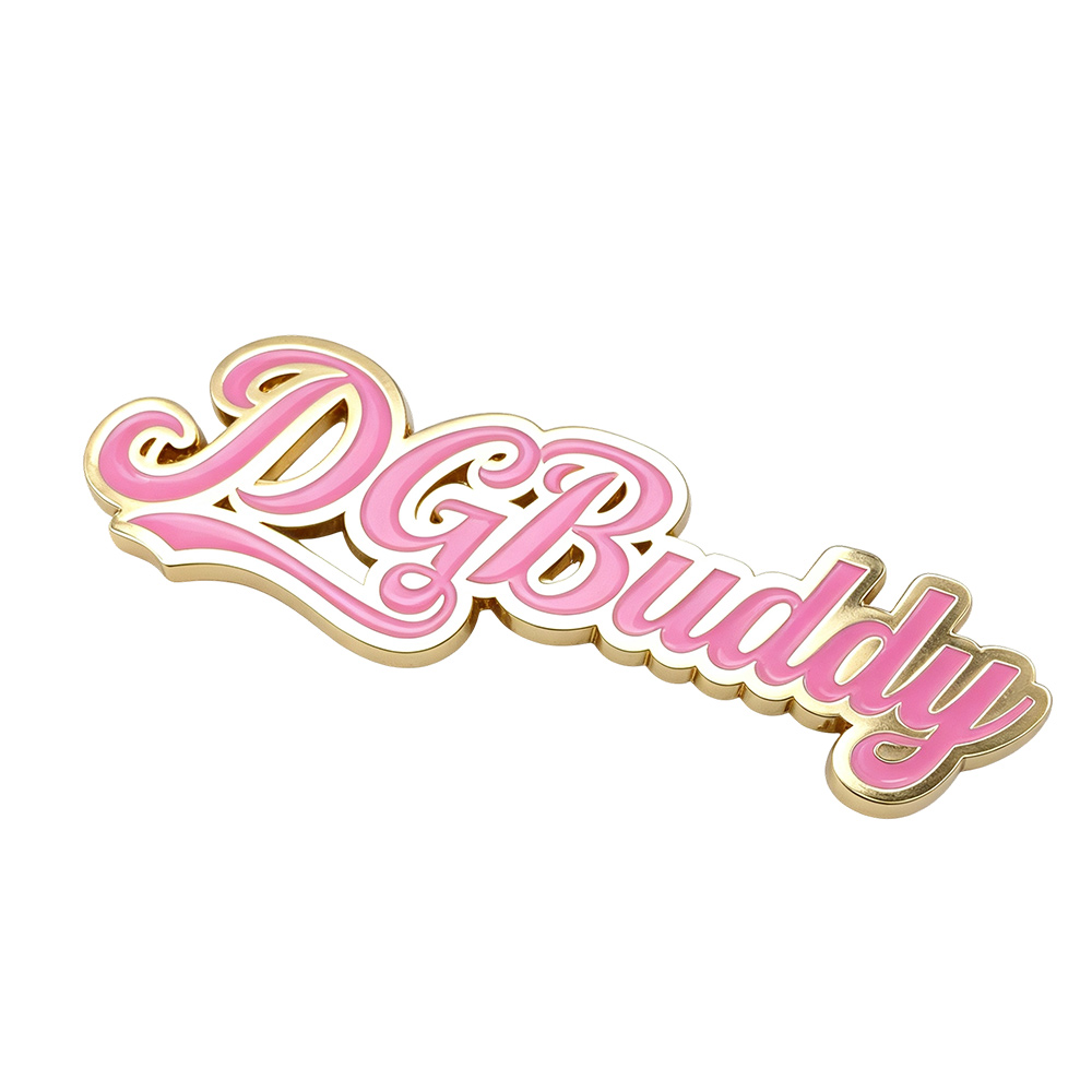 Front view of a pink enamel metal logo plate with gold border on a soft gradient background