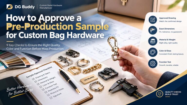 Pre-production sample approval for custom bag hardware with drawings, hardware samples, and quality checks