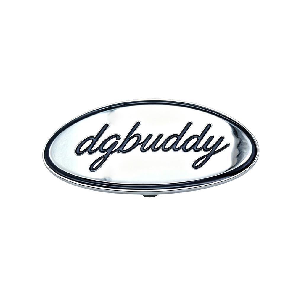Raised metal logo plate for handbags shown in a horizontal front view