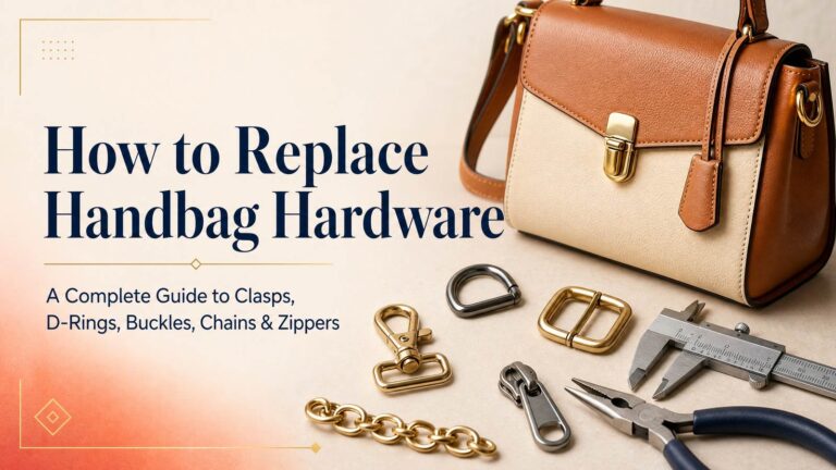 Leather handbag with brass clasp, D-rings, buckle, chain and zipper hardware for a replace handbag hardware guide