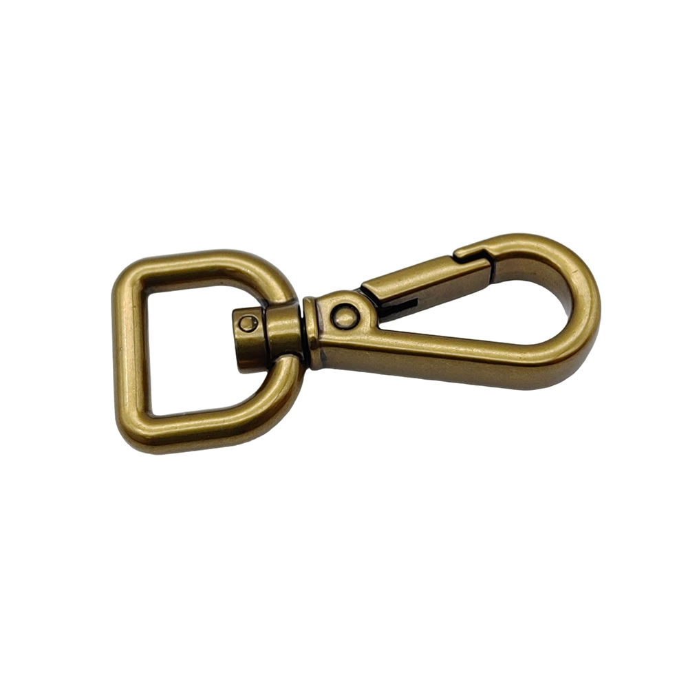 Flat side view of a square D-ring snap hook base sized for flat bag webbing