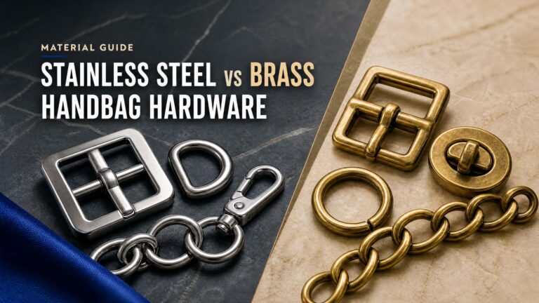 Stainless steel vs brass handbag hardware comparison showing silver buckles, rings, clasps, and chains beside warm brass handbag hardware