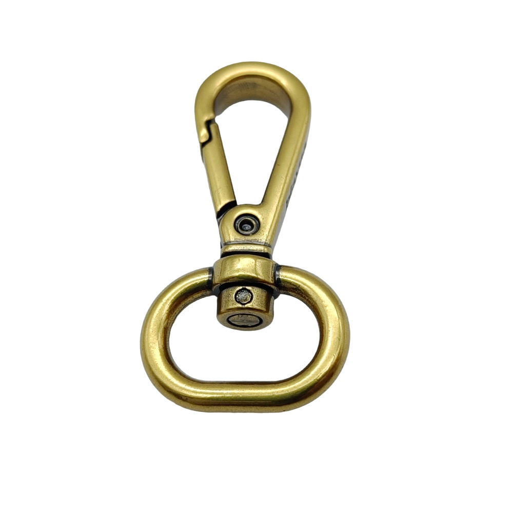 Front view of antique gold swivel trigger snap hook with oval ring